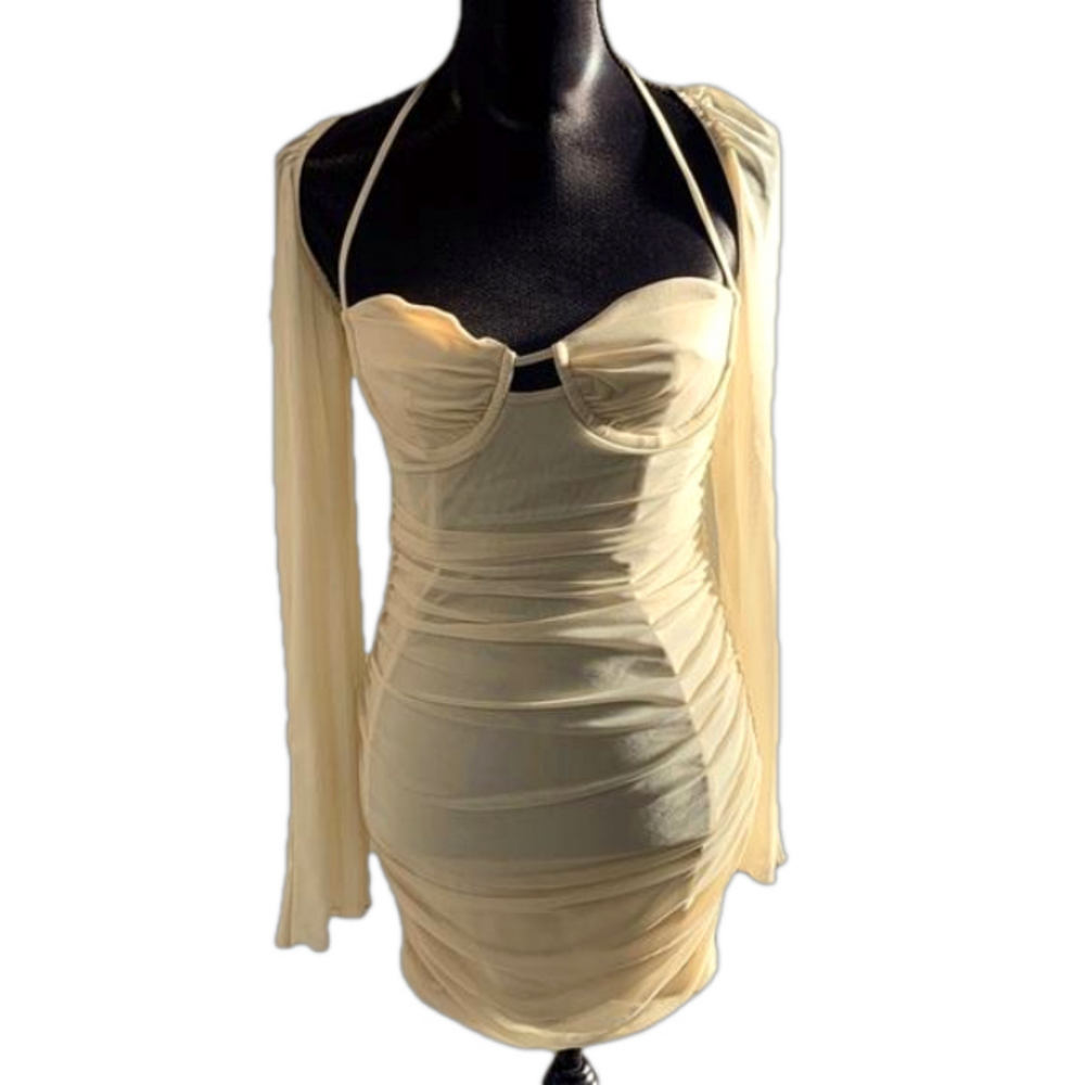 Salty Mesh Bustier Long Sleeve Bodycon Cream Halter Sexy Minidress Large